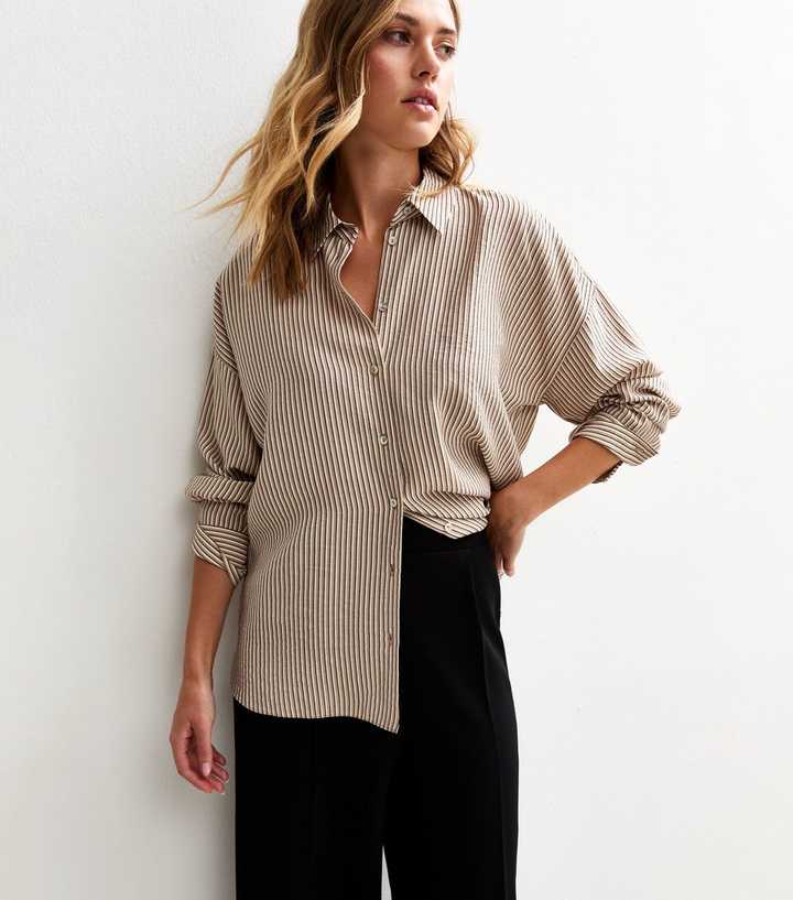 Brown Crinkle Texture Striped Long Sleeve Shirt