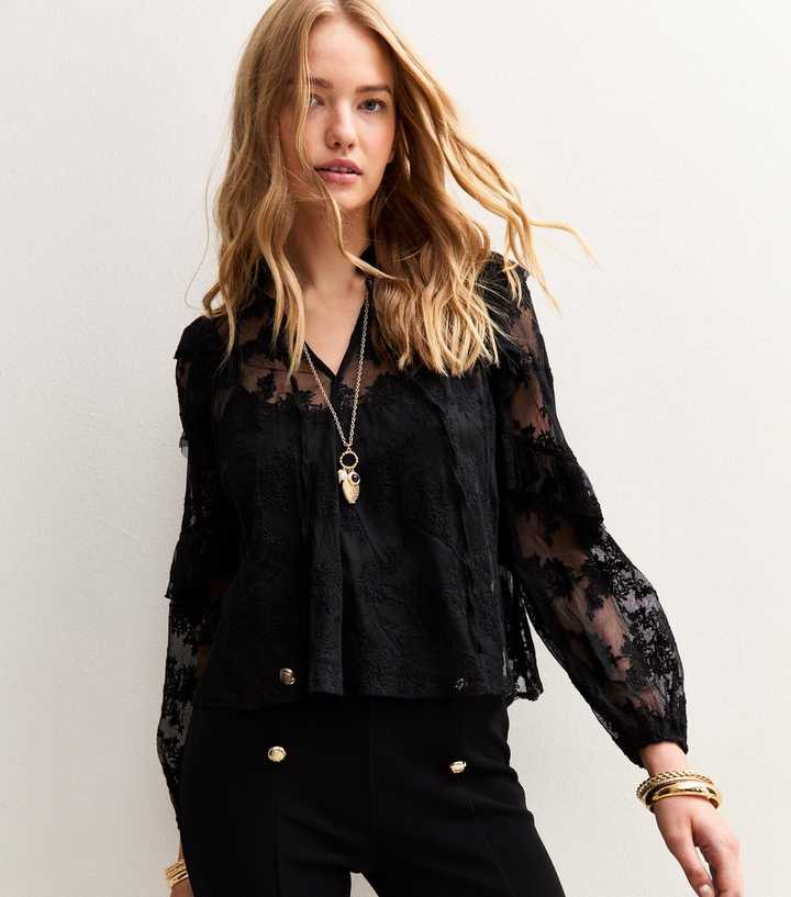Black Floral Lace High Neck Semi-Sheer Blouse