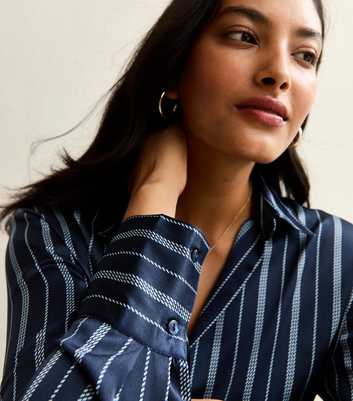 Blue Striped Satin Open Collar Shirt