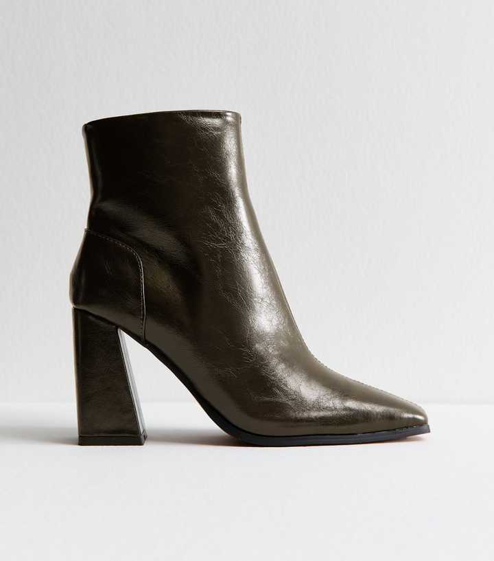 Dark Khaki Faux Leather Square Toe Ankle Boots