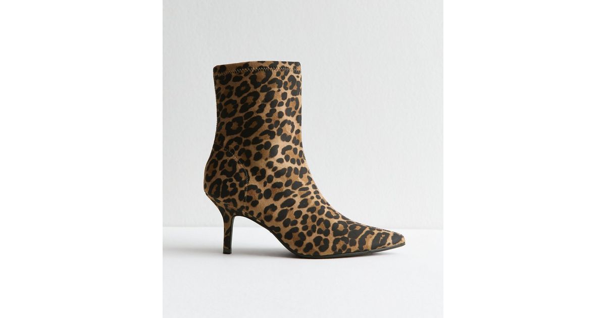 Stone Leopard Print Sock Boots New Look