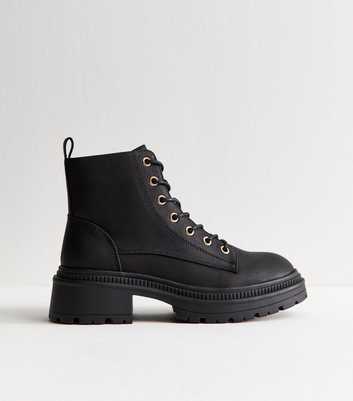Black Faux Leather Lace Up Boots