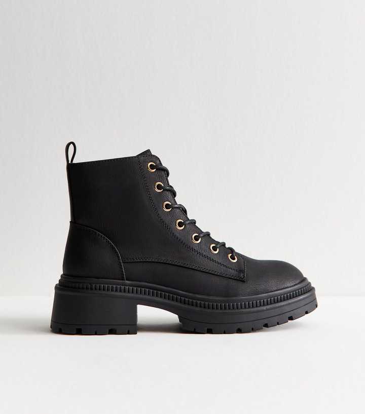 Black Faux Leather Lace Up Boots
