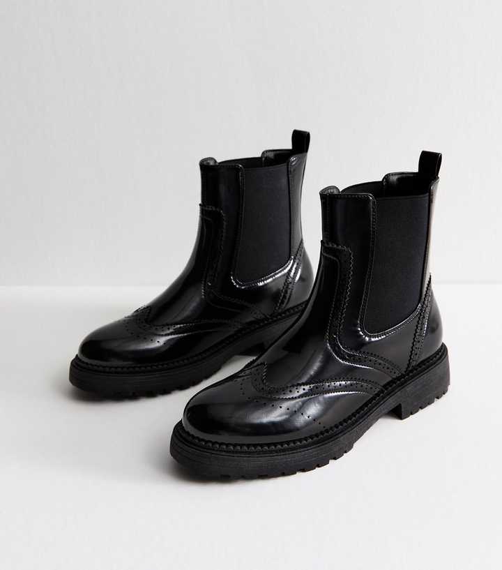 Black Patent Brogue Chunky Chelsea Boots