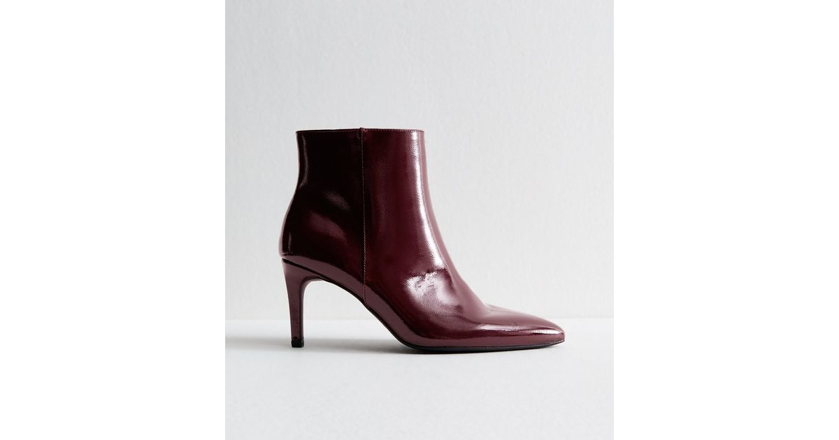Dark Burgundy Faux Patent Leather Point Toe Ankle Boots New Look