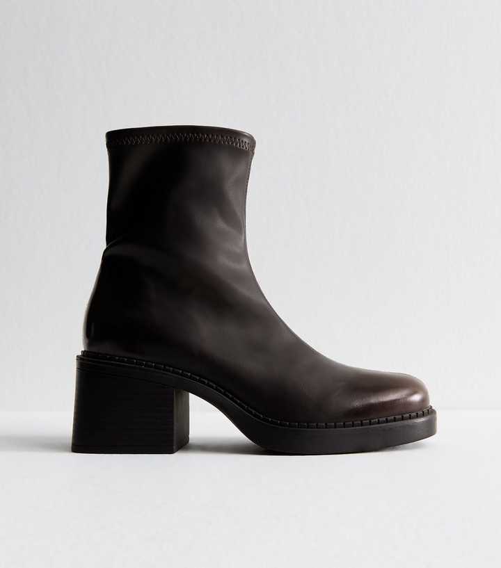 Brown Chunky Block Heel Ankle Boots