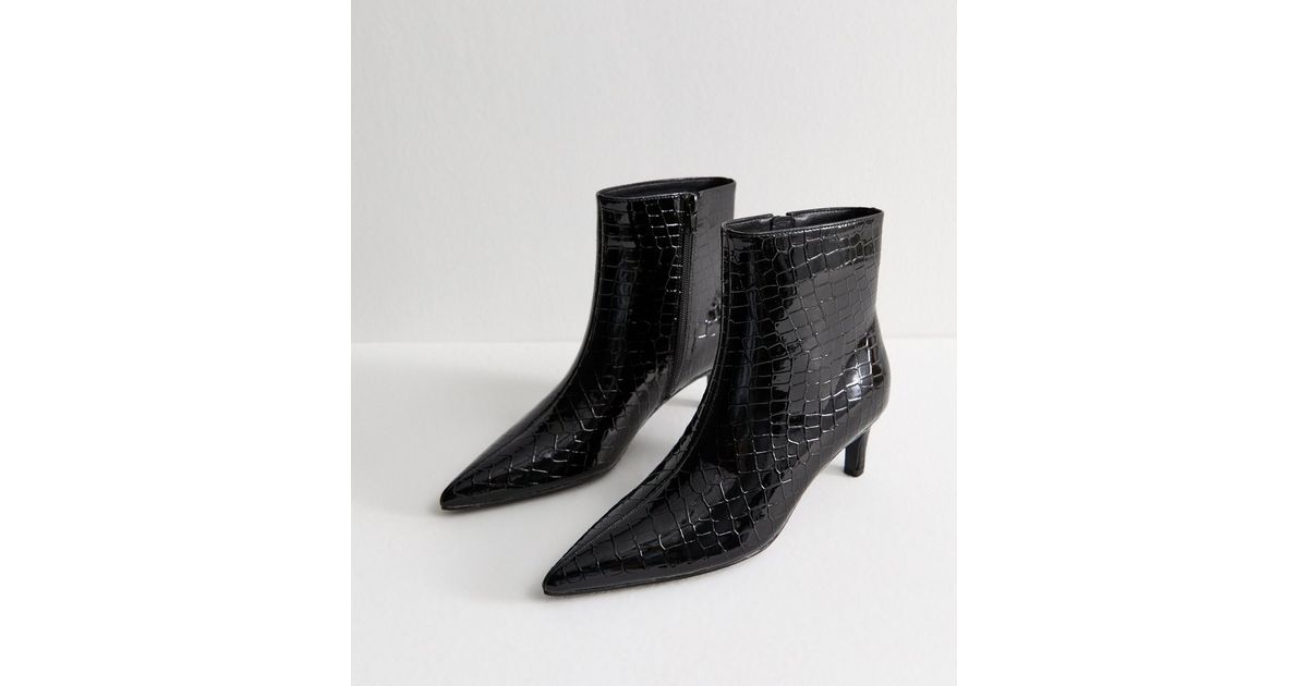 Black Crocodile Effect Faux Patent Leather Point Toe Ankle Boots