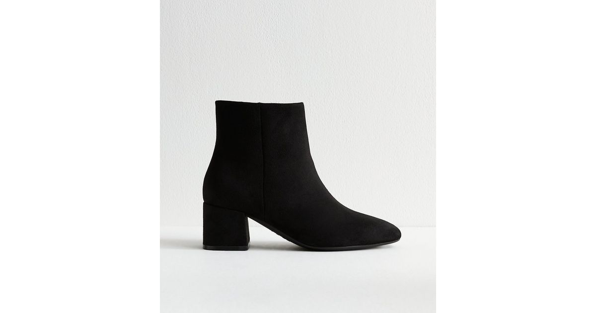 Wide Fit Black Faux Suede Block Heel Ankle Boots | New Look