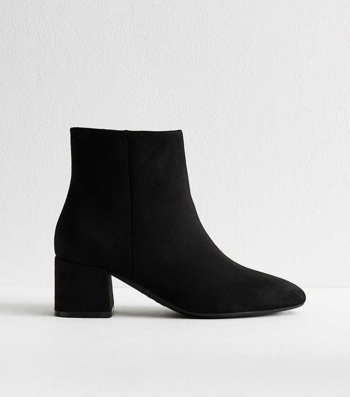 Wide Fit Black Faux Suede Block Heel Ankle Boots