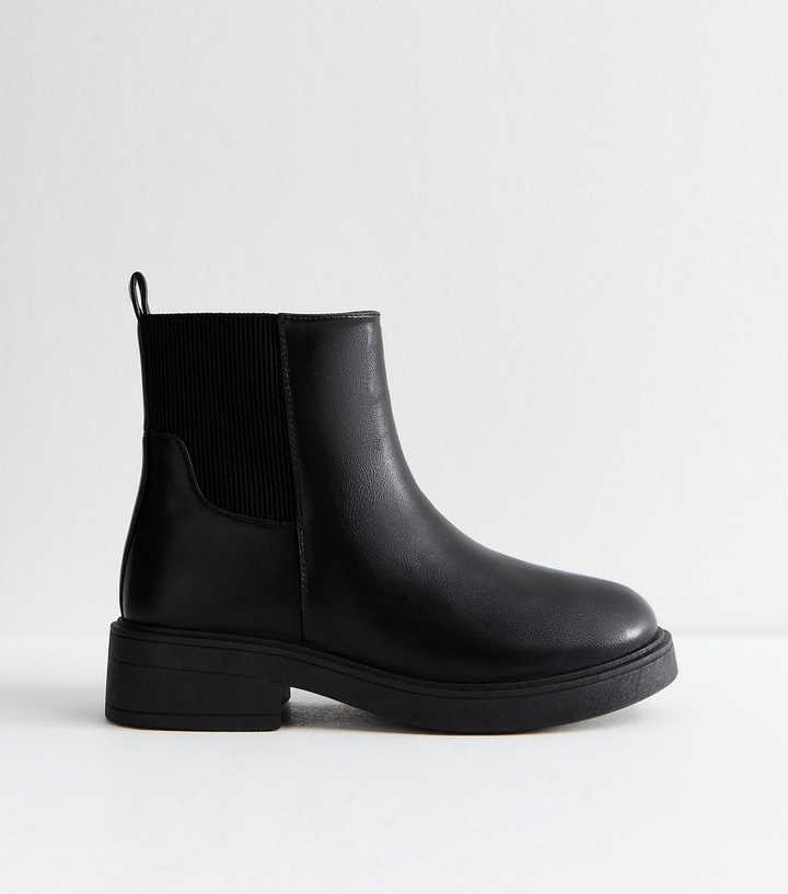 Wide Fit Black Faux Leather Chunky Sole Chelsea Ankle Boots