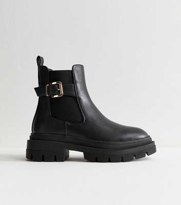 Wide Fit Black Faux Leather Chunky Chelsea Boots