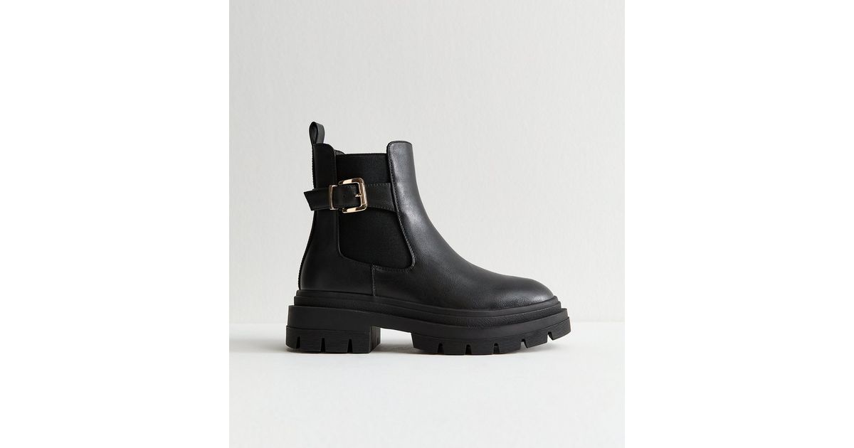 Wide Fit Black Faux Leather Chunky Chelsea Boots | New Look