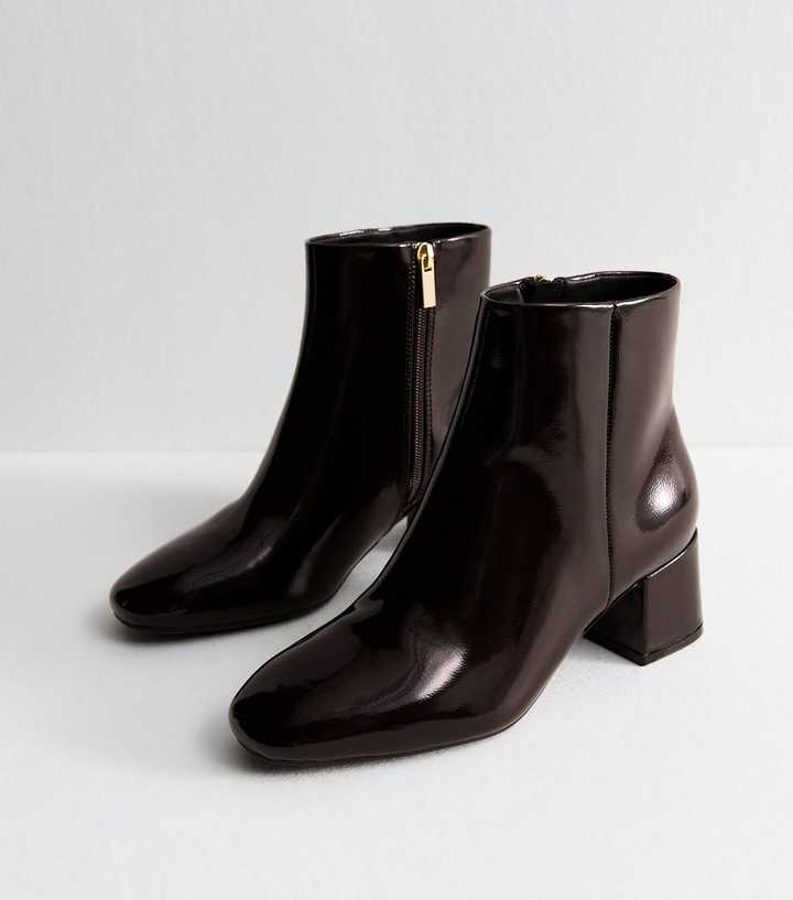 Wide Fit Dark Burgundy Faux Patent Leather Block Heel Boots