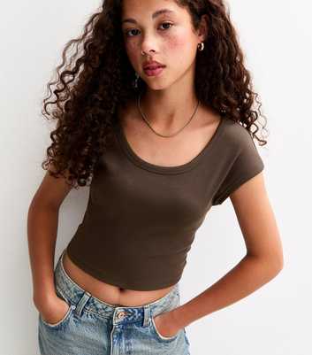 Girls Dark Brown Scoop Neck Ribbed T-Shirt