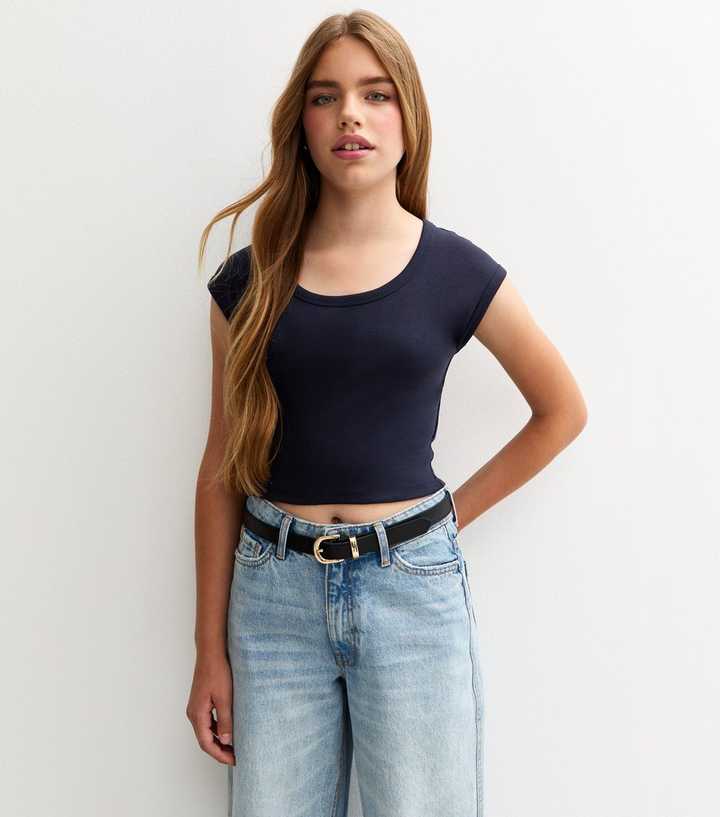 Girls Navy Scoop Neck Ribbed T-Shirt