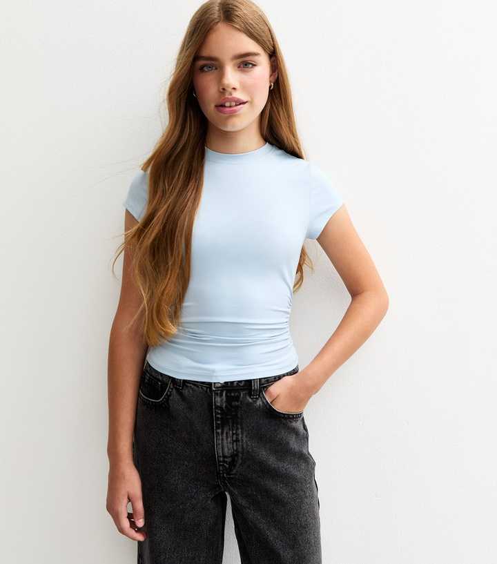 Girls Light Blue Ruched Side Cap Sleeve T-Shirt