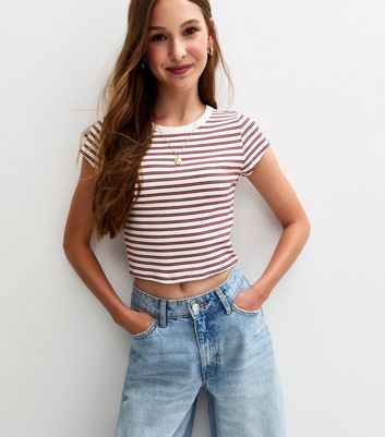 Girls White Stripe Print Cap Sleeve Baby Tee T-Shirt