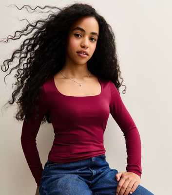 Girls Dark Burgundy Long Sleeve Square Neck Top