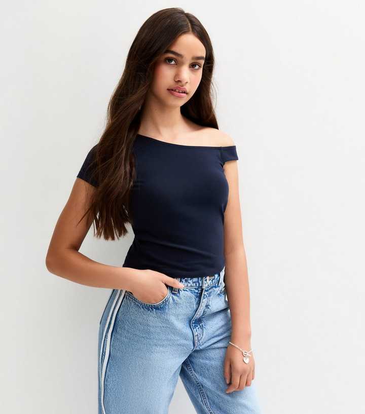 Girls Navy One Shoulder T-Shirt