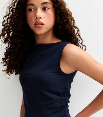 Girls Navy Cotton Ruched Slash Neck Vest