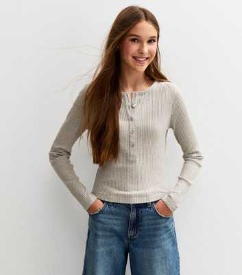 Girls Mid Grey Ribbed Button Front Long Sleeve Top