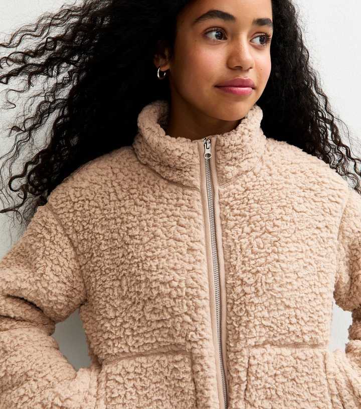 Girls Camel Fluffy Texture Zip Up Fleece Jacket