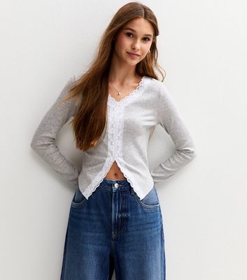 Girls Grey Long Sleeve Lace Trim Ribbed Butterfly Hem Top