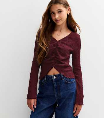 Girls Dark Burgundy Ruched Front Long Sleeve Top