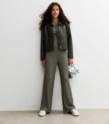 Girls Khaki Textured Jersey Wide Leg Trousers