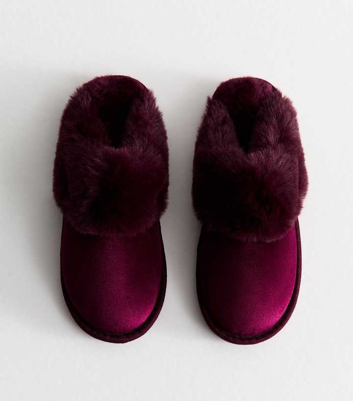 Dark Burgundy Velvet Faux Fur Trim Slippers