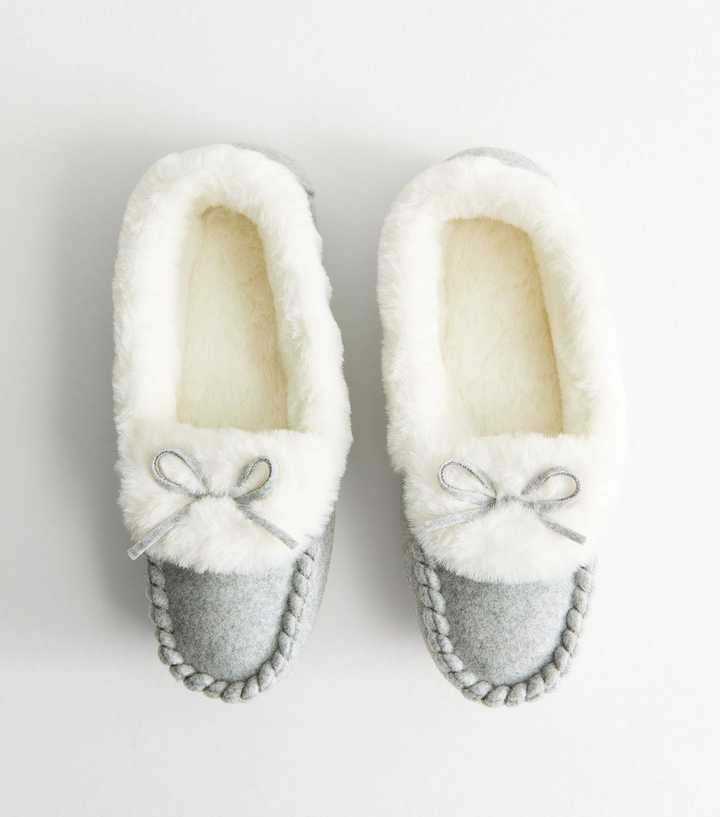 Grey Bow Detail Faux Fur Lined Moccasin Slippers