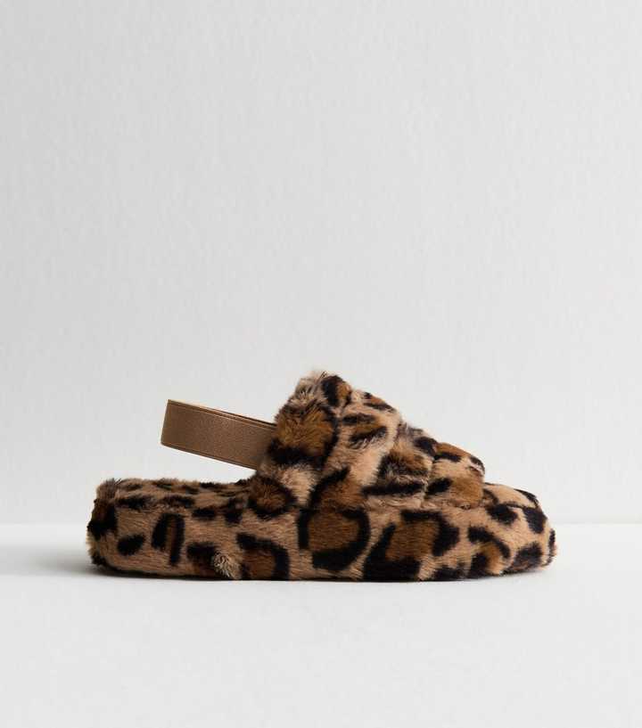 Brown Faux Fur Animal Print Slingback Slippers