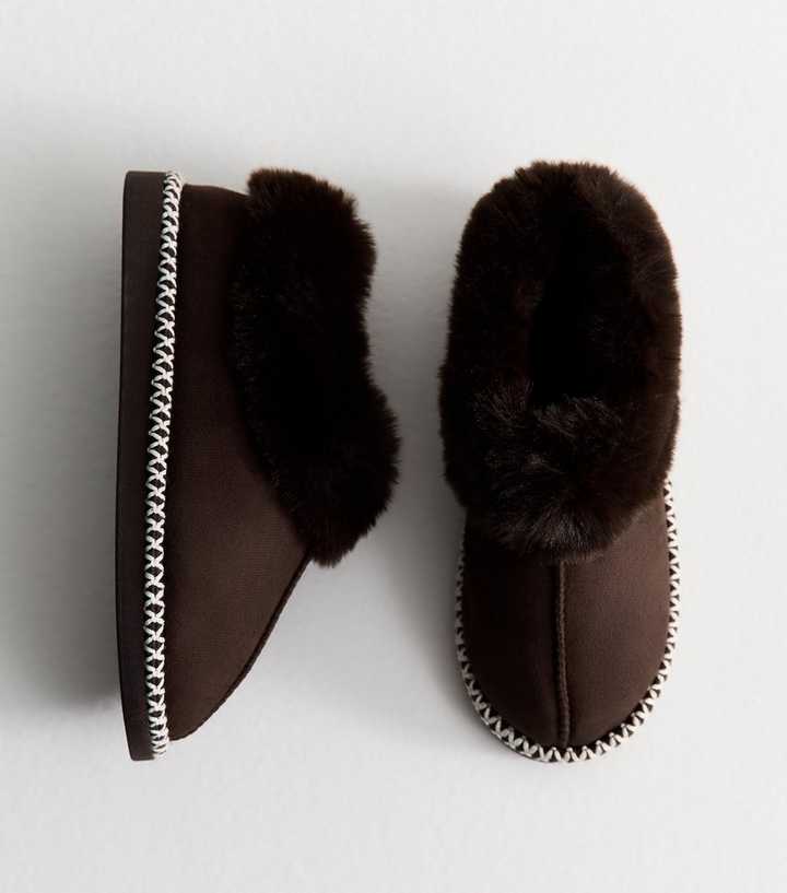 Brown Faux Suede and Faux Fur Trim Slipper Boots