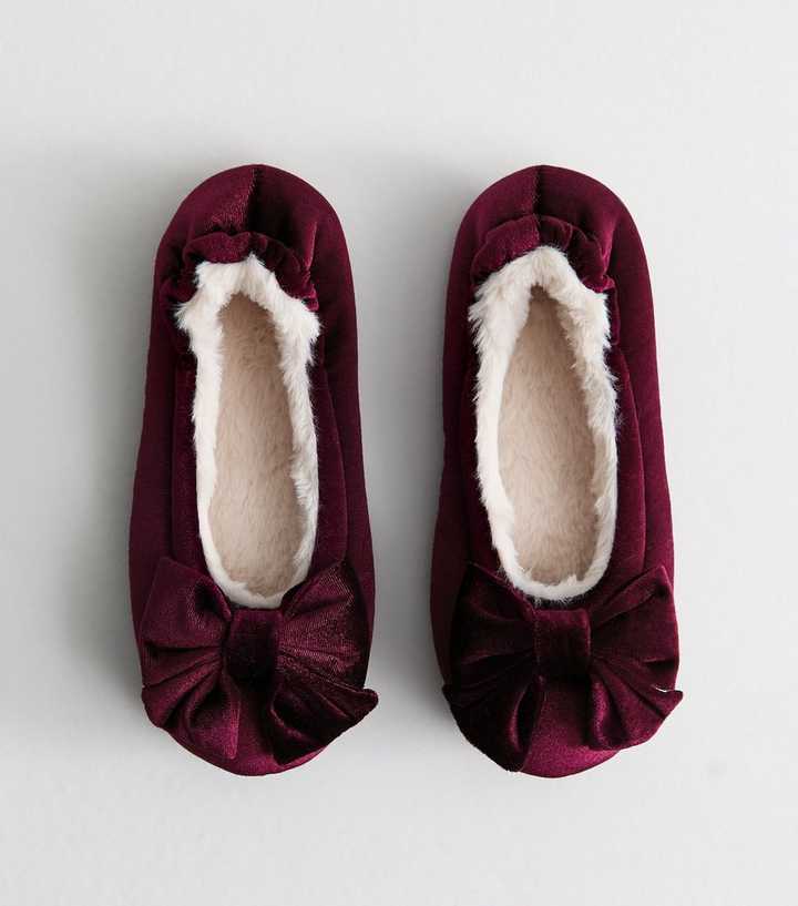 Dark Burgundy Velvet Bow Appliqued Ballerina Slippers