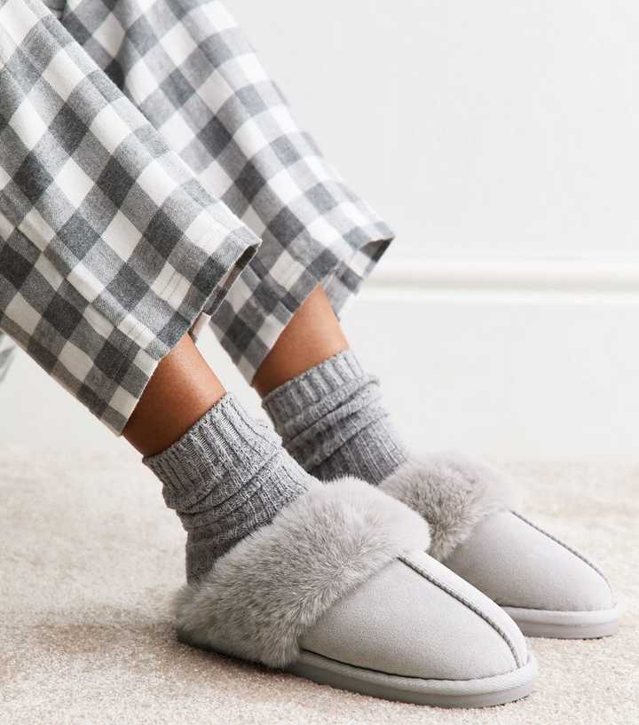 Grey Faux Suede and Faux Fur Trim Slippers
