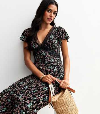 Black Floral Print Lace Trim Midi Dress