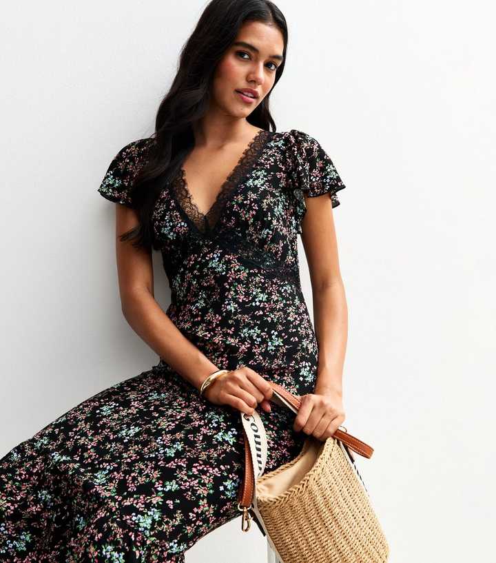 Black Floral Print Lace Trim Midi Dress