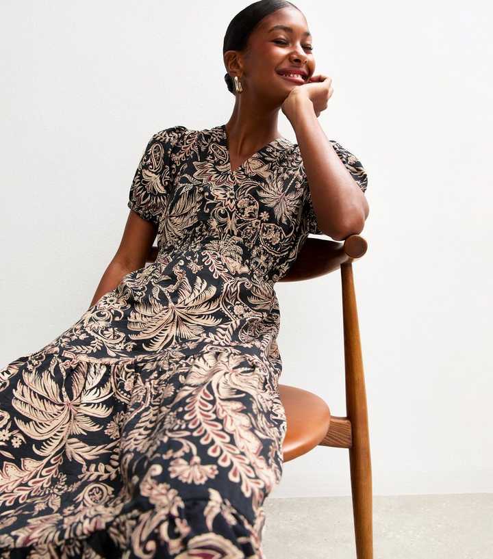 new look black and gold dress Palm Tree Print Midi Garment Fit:SPLIT LEG