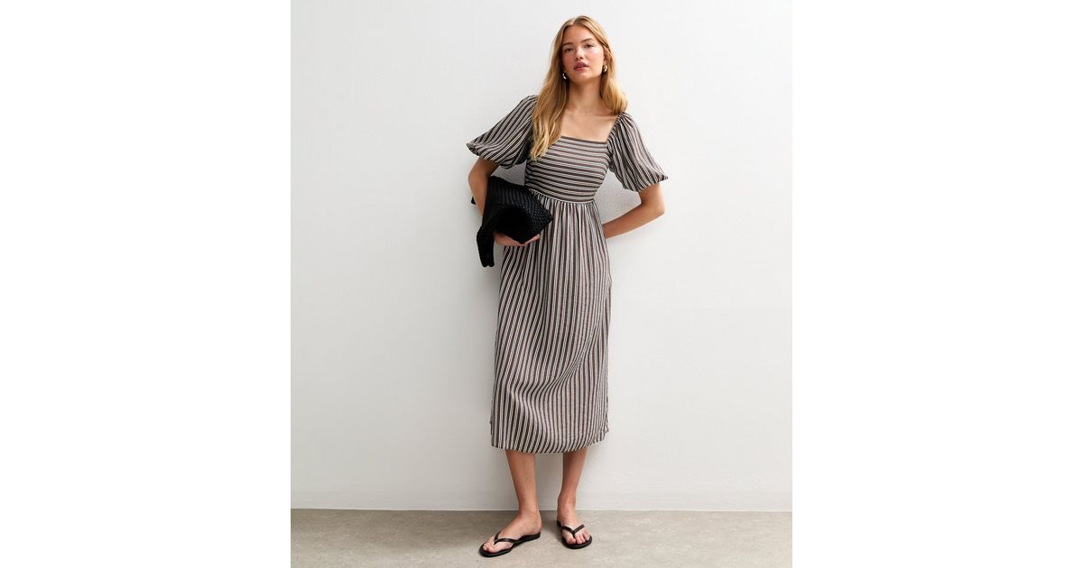 Brown Striped Square Neck Milkmaid Midi Dress | New Look