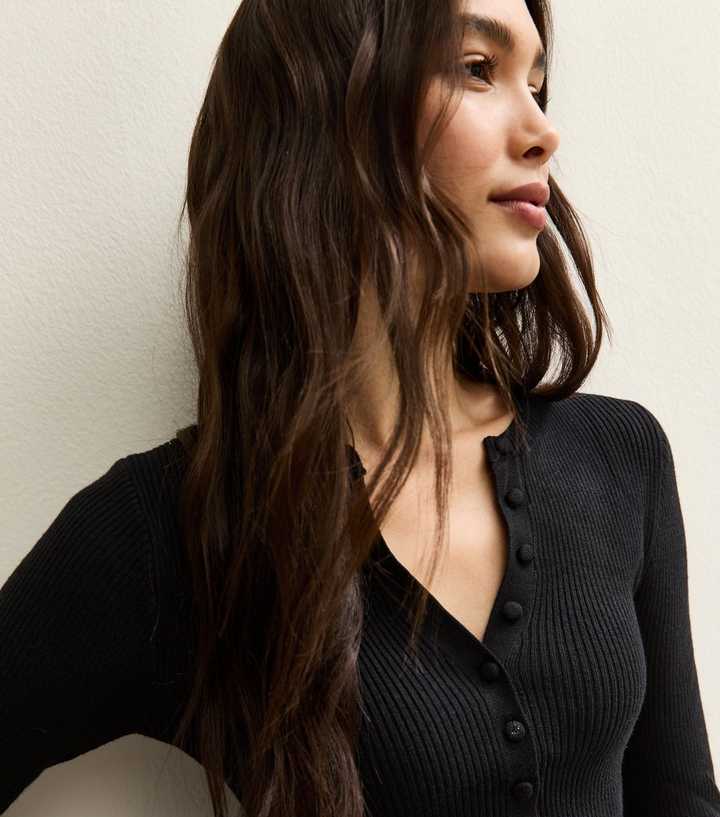 Black Ribbed Knit Long Sleeve Button Up Jumper