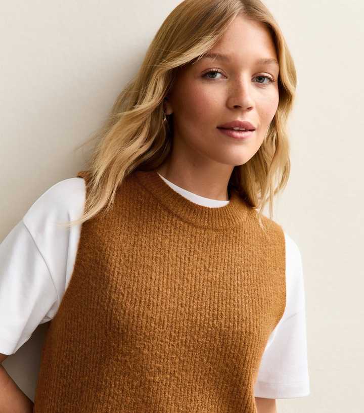 Tan Ribbed Crew Neck Vest