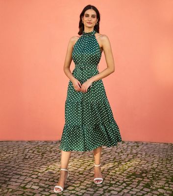 Yumi Green Spot Print Halterneck Satin Midi Dress New Look