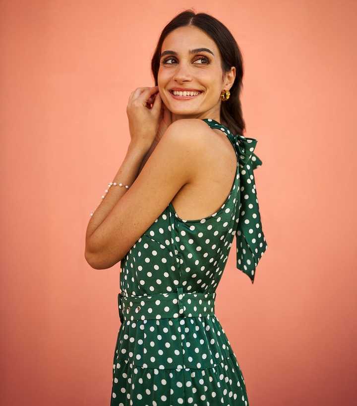 green emerald velvet dress Eleanor Linen Green Polka Dot Midi Dress