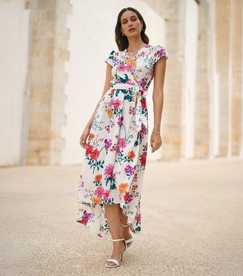 Yumi White Floral Print Wrap Front Belted Midi Dress