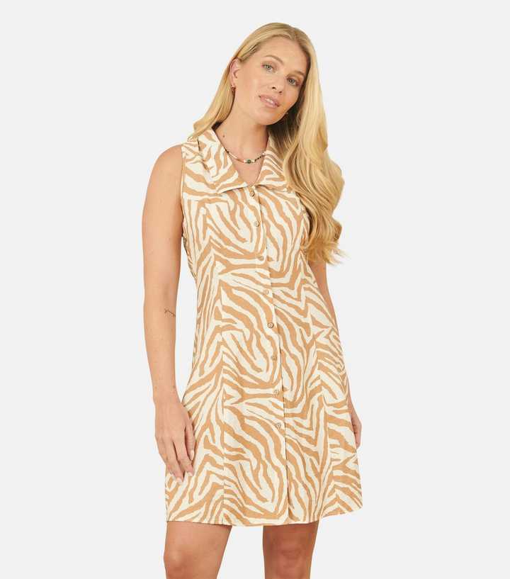 Yumi Brown Zebra Print Sleeveless Shirt Dress