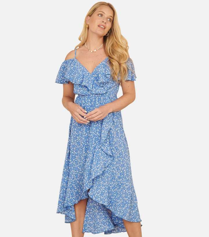 Yumi Blue Ditsy Print Cold Shoulder Midi Dress | New Look Yumi Blue Ditsy Print Cold Shoulder Midi Dress | New Look
