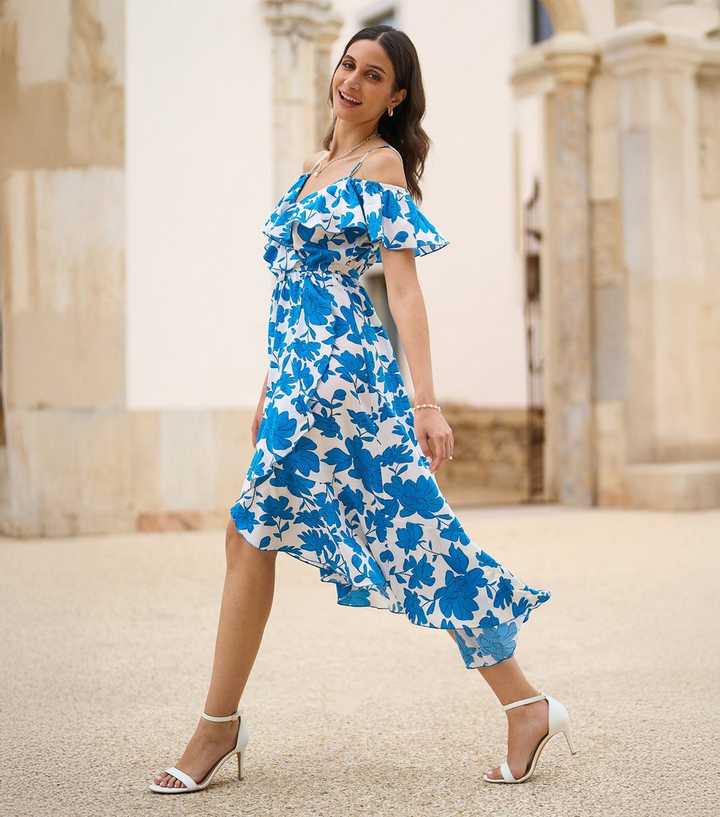 Yumi Blue Floral Print Cold Shoulder Midi Dress