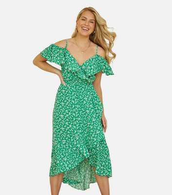 Yumi Light Grey Floral Print Bardot Midi Dress