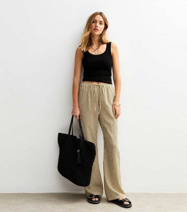 Green Textured Striped Wide Leg Trousers