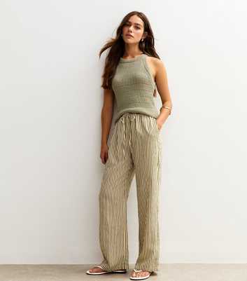 Petite Green Stripe Print Crinkle Texture Wide Leg Trousers